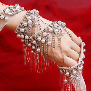 Belly Dance Armband, Women's White Pearl and Rhinestone Fringe Armband, Belly Dance
