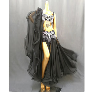 Belly Dance Costume Women Purple Beaded Bra & Slit Skirt Set Chiffon Tribal Dancewear