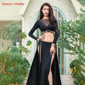 Belly Dance Women's Black Long Sleeve Mesh Crop Top and High Slit Skirt with Studs, Glitter Fabric