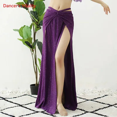 Women's Light Blue Crop Top & Navy Sequin Slit Skirt Belly Dance Costume