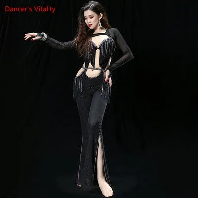 Women's Black Sparkle Halter Neck Fringe Cutout Belly Dance Jumpsuit with Slit Leg