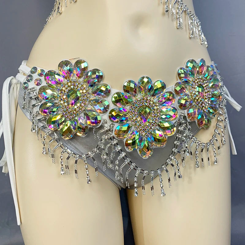 Women's White Iridescent Rhinestone Flower Bra and Bikini Set with Draping Chains, Belly Dance