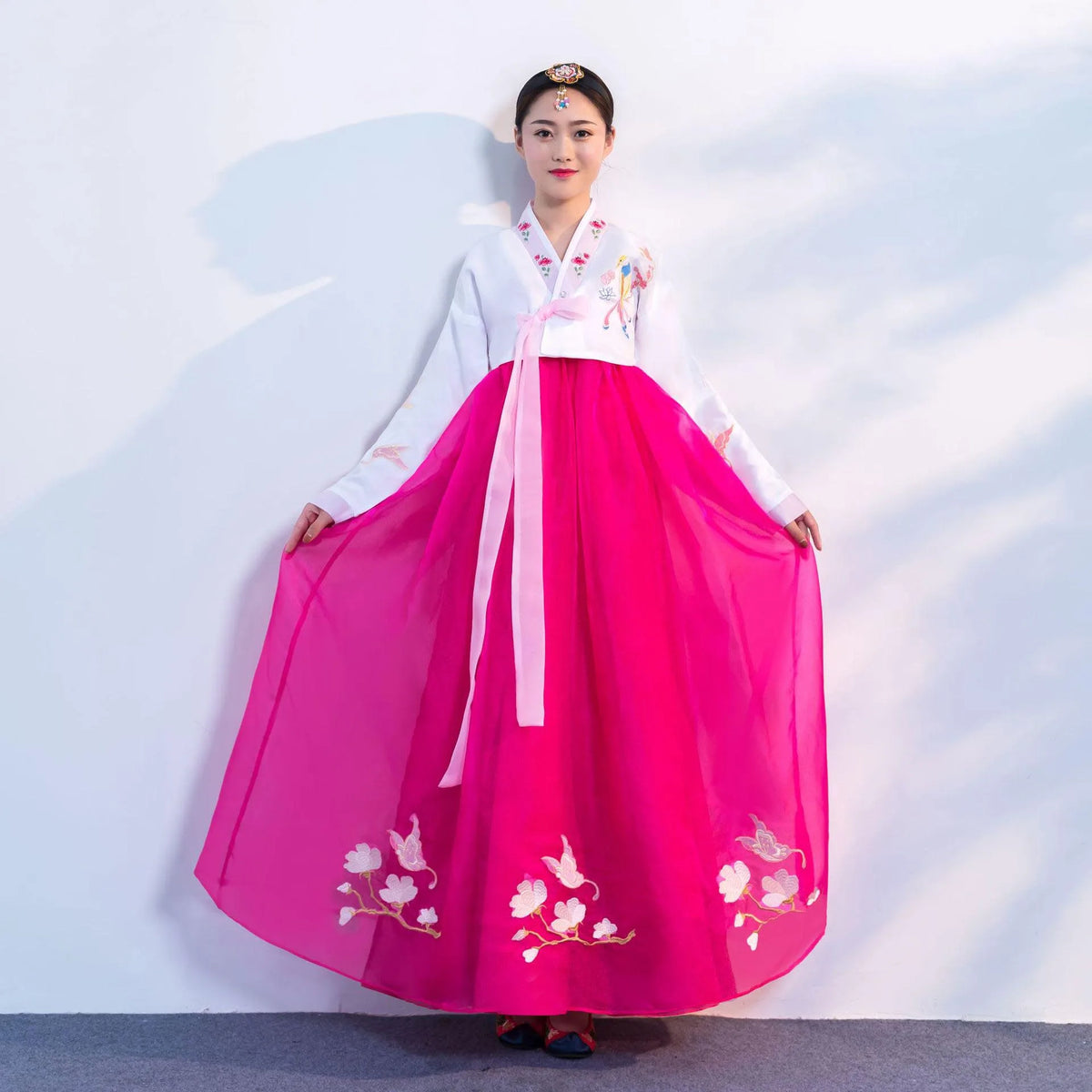 Women's Pink Hanbok Dress with Embroidered Flowers and Birds