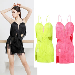 Women's Black Fringe Latin Ballroom Dance Dress, V-Neck Spaghetti Strap Cut-Out Mini Dress