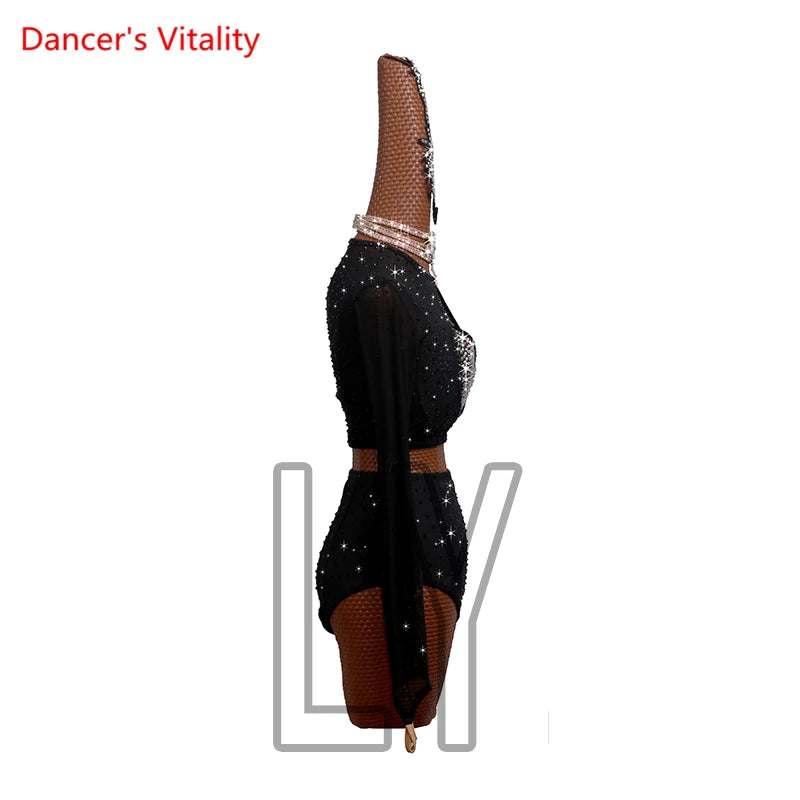 Latin Dance Costume Women's Black Rhinestone Mesh Long Sleeve Crop Top and High Waist Shorts