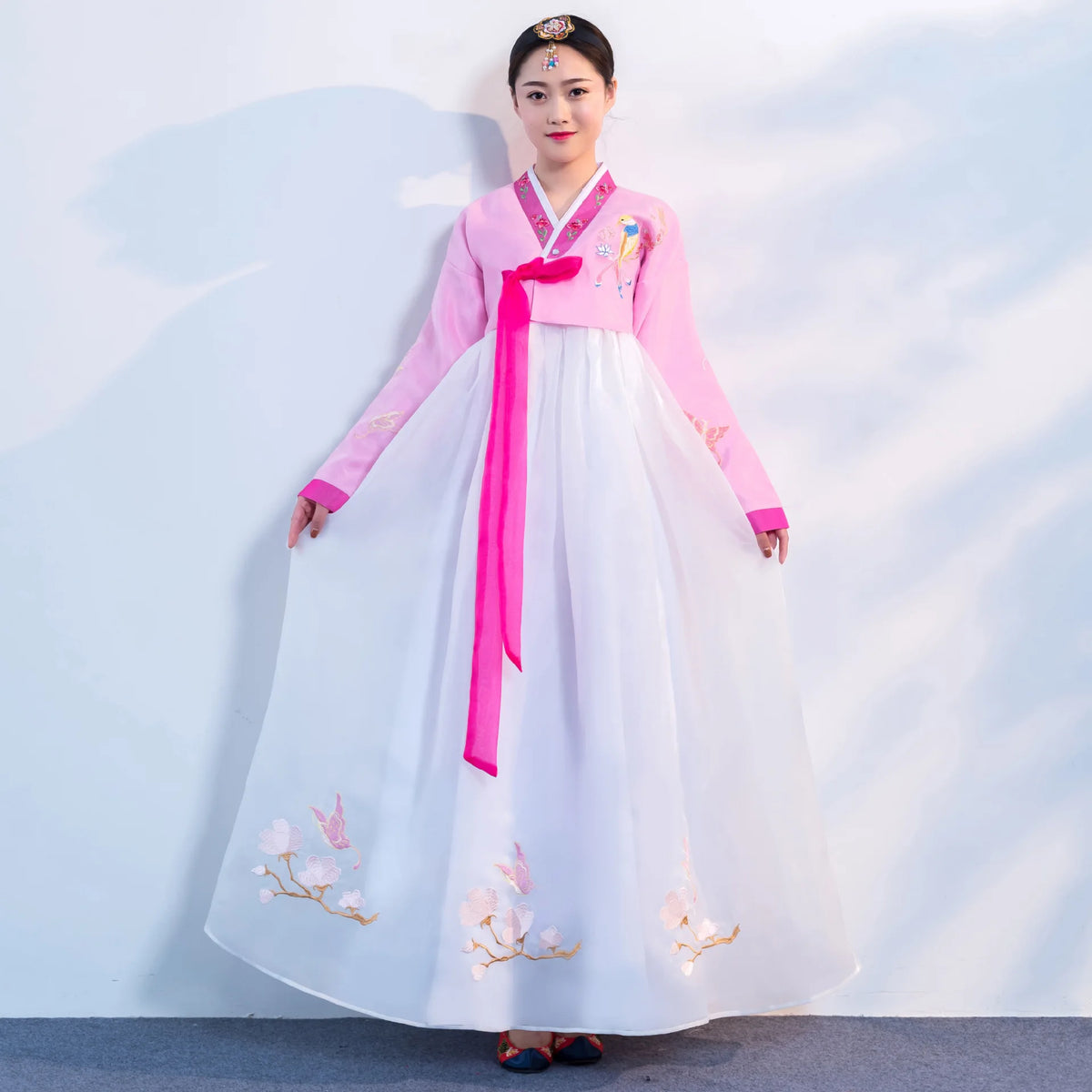 Women's Pink Hanbok Dress with Embroidered Flowers and Birds
