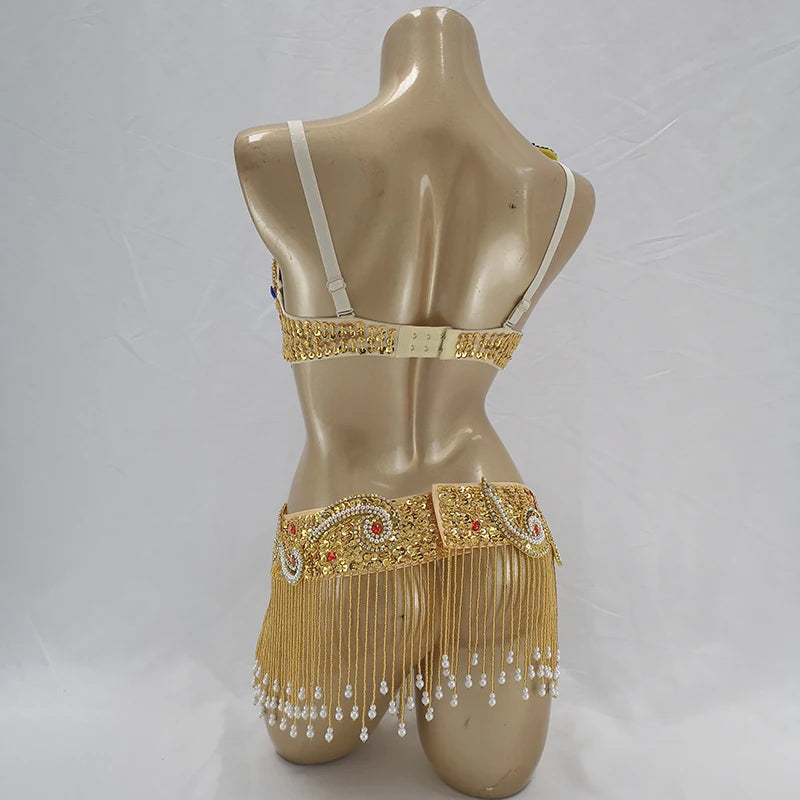 Belly Dance Costume Women Gold Sequin Embroidered Red Gemstone Bra and Belt Set with Beaded Fringe
