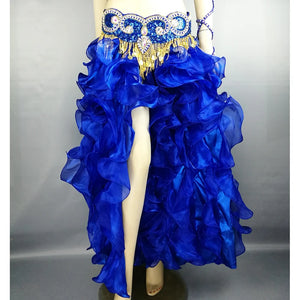 Belly Dance Skirt Women Orange Beaded Sequin Hip Scarf Ruffled Organza Slit Skirt Tribal Fusion Costume