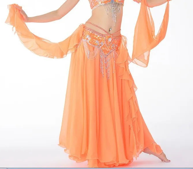 Belly Dance Skirt, Women's Pink Chiffon Ruffle Tiered Maxi Skirt, Flowy Tribal Dancewear