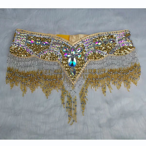 Belly Dance Hip Scarf, Women's Black & Silver Sequin Beaded Fringe Hip Belt, Tribal Dance Skirt