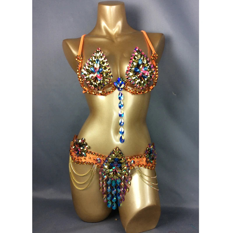 Belly Dance Costume, Women's Orange Sequin Rhinestone Bra and Belt Set with Draping Chains, Samba/Carnival/Burlesque Dancewear