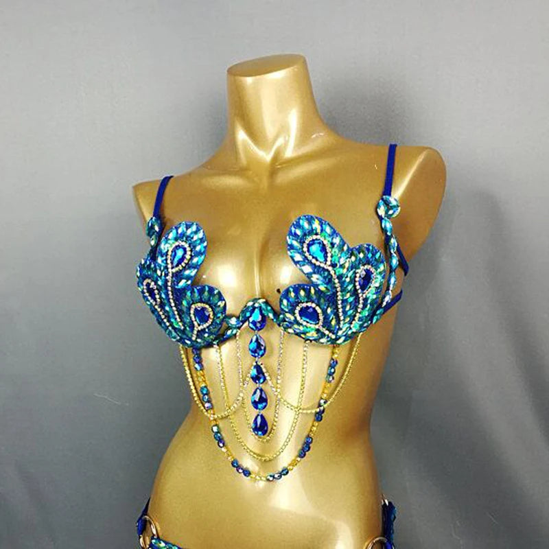 Women's Blue and Green Rhinestone Peacock Feather Embellished Gold Chain Belly Dance Bra Top