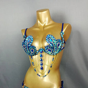 Women's Blue and Green Rhinestone Peacock Feather Embellished Gold Chain Belly Dance Bra Top