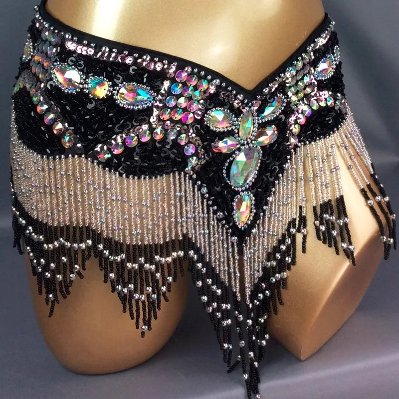 Women's Black & Silver Beaded Sequin Fringe Belly Dance Costume Set