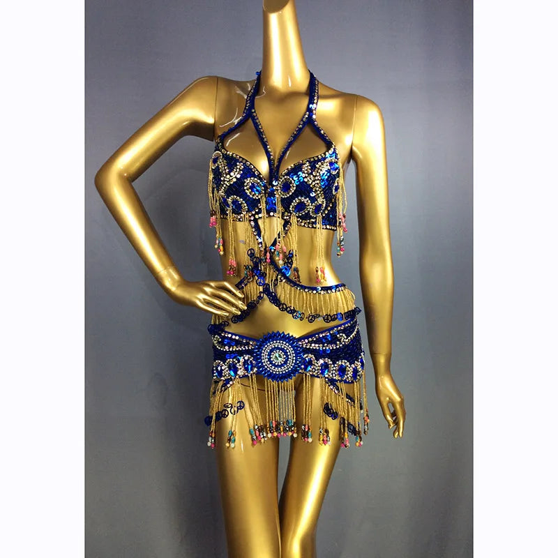 Belly Dance Costume Women's Blue Sequin Beaded Fringe Halter Top and Hip Scarf Set for Eastern Dance Performance