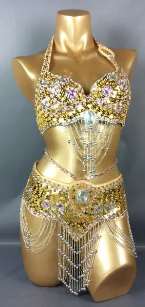 Belly Dance Costume, Women's Gold Sequin & Rhinestone Halter Bra & Hip Scarf Set with Beaded Fringe, Professional Performance Wear