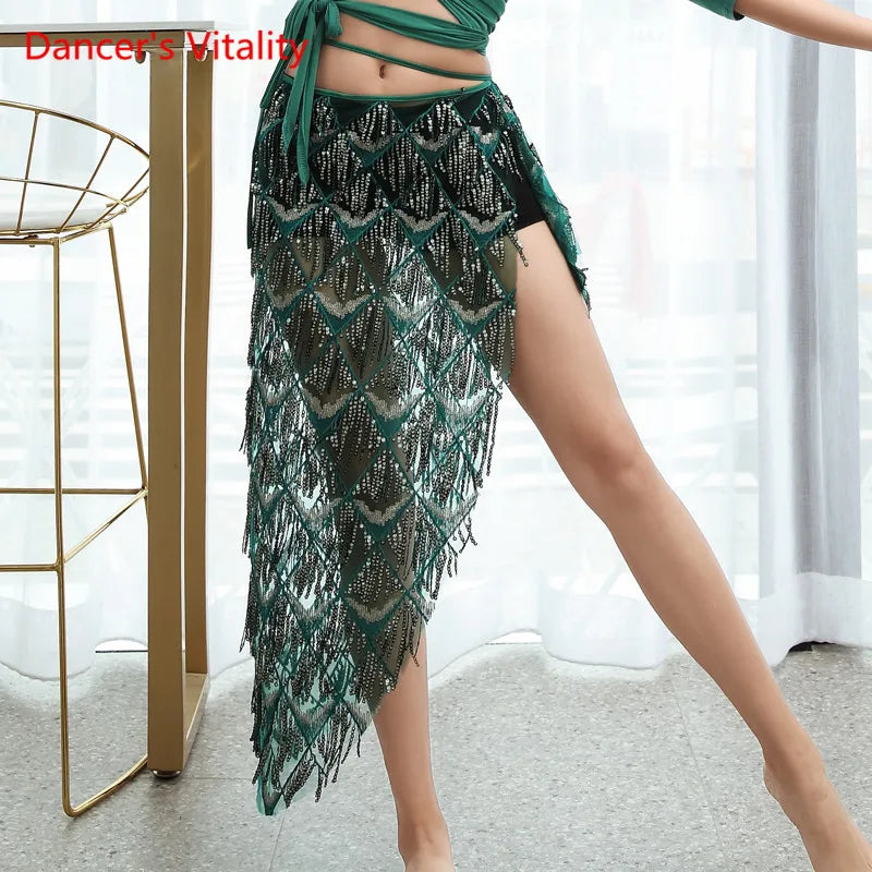 Belly Dance Skirt Women's Gold Sequin Mesh Asymmetrical Hip Scarf with Fringe Tassels, Latin Rumba Performance Wrap