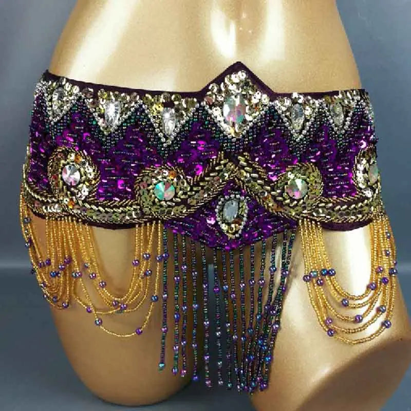 Belly Dance Hip Scarf, Women's Royal Blue Sequin & Bead Embellished Hip Belt with Gold & Iridescent Fringe, Tribal Fusion Dancewear