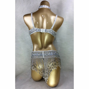 Belly Dance Bra and Belt Set, Women's Gold Sequin Beaded Fringe, Tribal Fusion Performance Costume