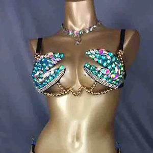 Belly Dance Bra Top, Women's Teal & Iridescent Rhinestone Sequin Chain Bra, Tribal Fusion Dancewear