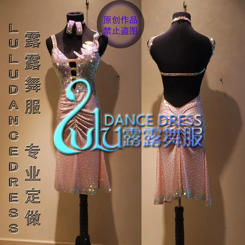 Women's Pink Crystal Embellished Ruched Latin Ballroom Dance Dress