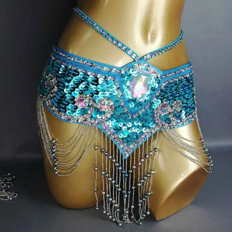 Belly Dance Hip Scarf, Women's Aqua Blue Sequin Beaded Tassel Belt, Professional Performance Costume