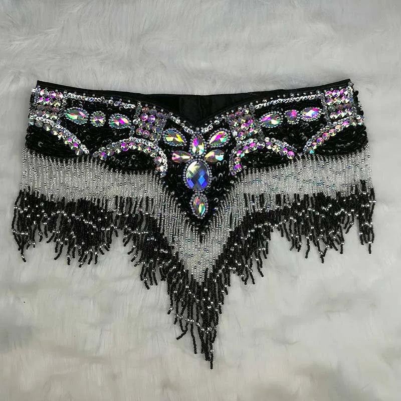 Belly Dance Hip Scarf, Women's Black & Silver Sequin Beaded Fringe Hip Belt, Tribal Dance Skirt