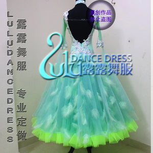 Ballroom Dance Dress Women's Mint Green Beaded Mesh Feather Gown Standard Competition.