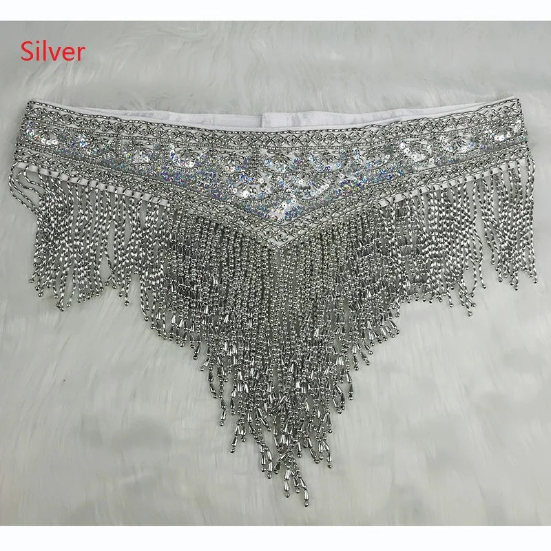 Belly Dance Hip Scarf, Women's Red Beaded Sequin Fringe Tassel Skirt, Latin Dance Costume Accessory