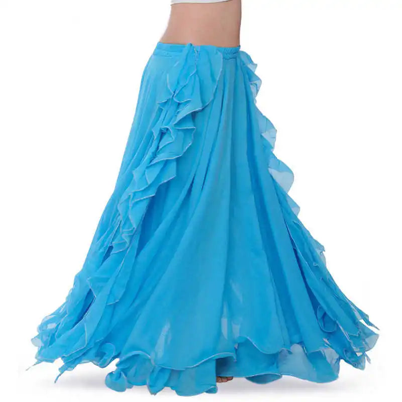 Belly Dance Skirt, Women's Royal Blue Chiffon Ruffle High Slit Maxi Skirt, Belly Dancing Performance Apparel