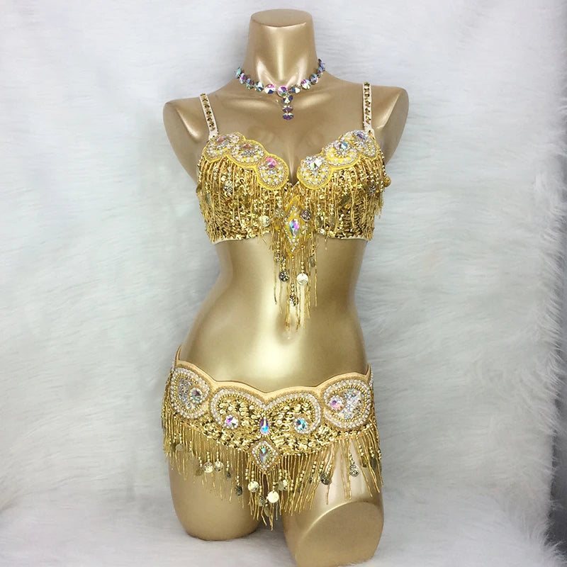 Belly Dance Bra and Belt Set, Women's Gold Sequin Beaded Fringe, Crystal Embellished, Tribal Fusion Dancewear