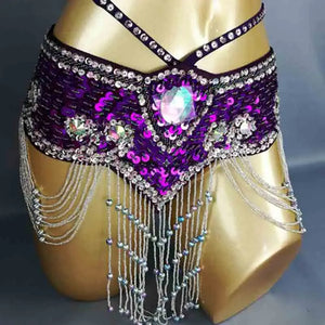 Belly Dance Hip Scarf, Women's Aqua Blue Sequin Beaded Tassel Belt, Professional Performance Costume