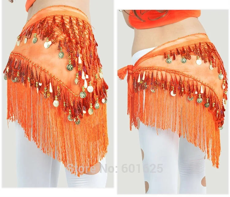 Belly Dance Hip Scarf, Women's Blue Tie-Dye Fringe & Sequin Coin Belt, Asymmetrical Tassel Skirt for Tribal Fusion & Practice