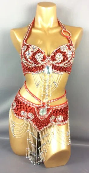 Belly Dance Costume, Women's Gold Sequin & Rhinestone Halter Bra & Hip Scarf Set with Beaded Fringe, Professional Performance Wear
