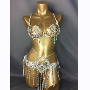 Belly Dance Bra and Belt Set, Women's Red Sequin Rhinestone Beaded Halter Top and Hip Scarf, Cabaret Dancewear