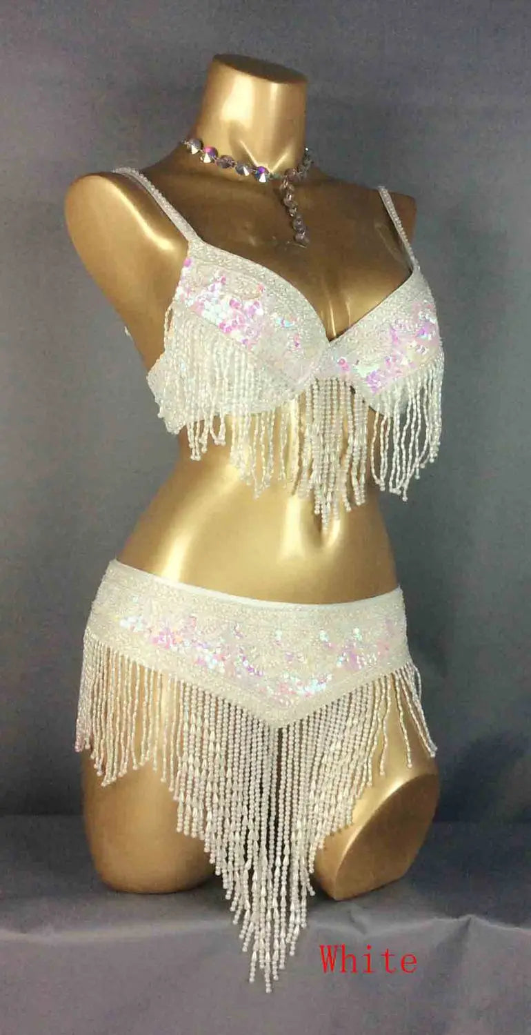 Belly Dance Bra and Belt Set, Women's Gold Sequin Beaded Fringe, Tribal Fusion Performance Costume