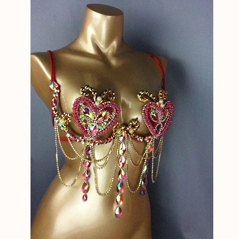 Rhinestone Heart Bra Top, Women's Red/Pink/Gold Embellished with Chains and Faux Pearls, Belly Dance/Carnival/Burlesque Costume Bra
