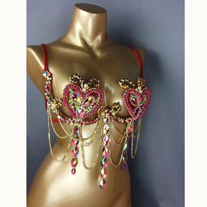 Rhinestone Heart Bra Top, Women's Red/Pink/Gold Embellished with Chains and Faux Pearls, Belly Dance/Carnival/Burlesque Costume Bra