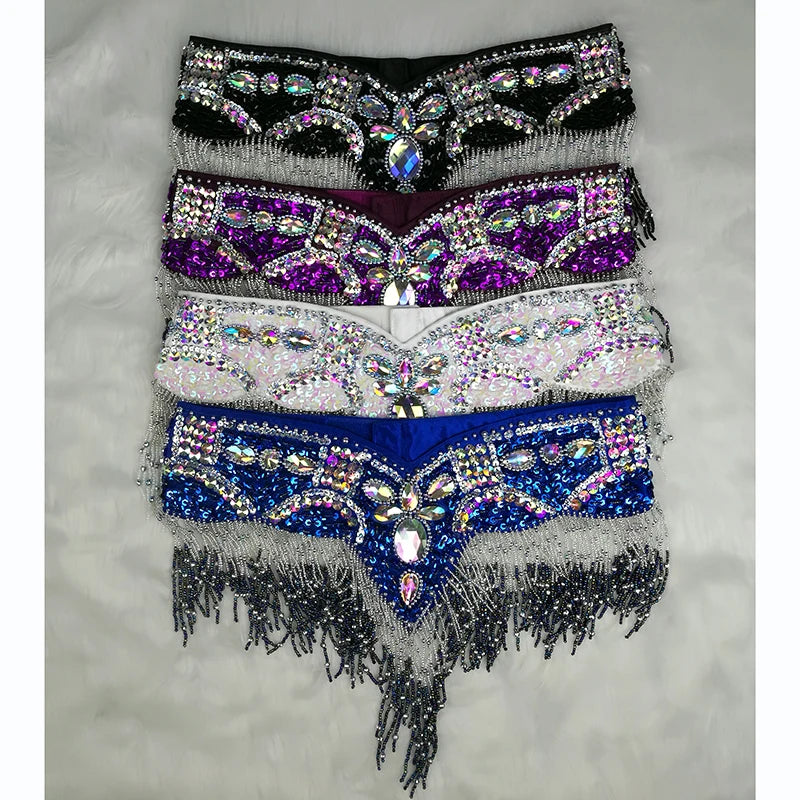 Belly Dance Hip Scarf, Women's Black & Silver Sequin Beaded Fringe Hip Belt, Tribal Dance Skirt