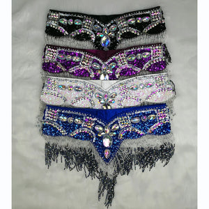 Belly Dance Hip Scarf, Women's Black & Silver Sequin Beaded Fringe Hip Belt, Tribal Dance Skirt