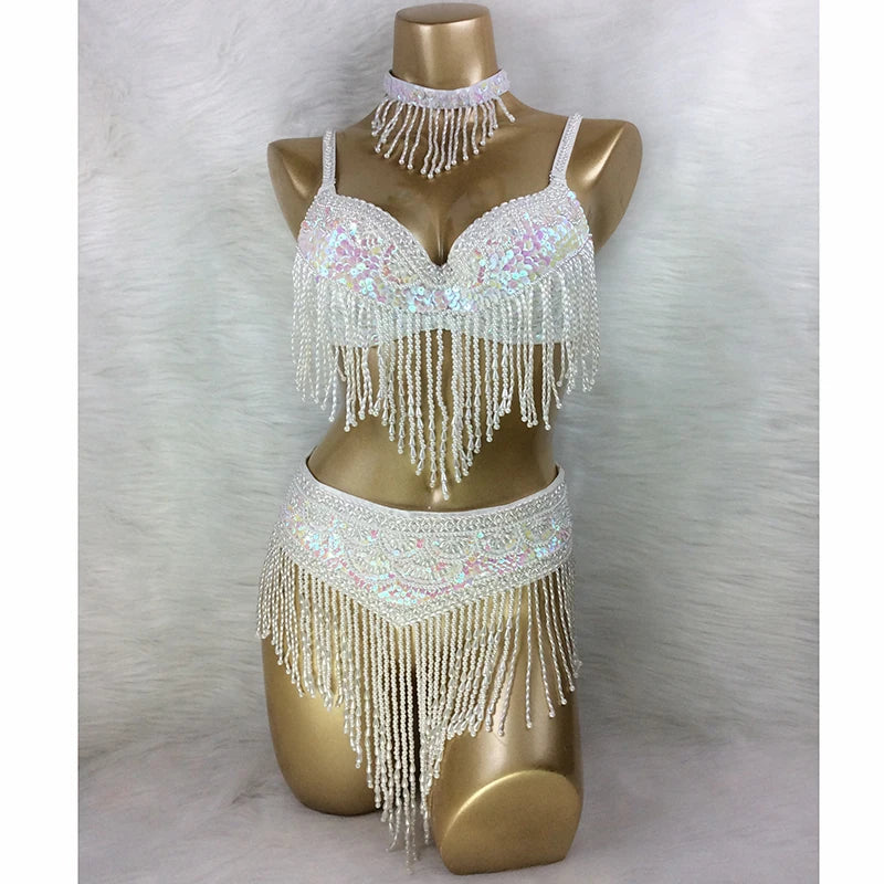 Belly Dance Bra and Belt Set, Women's Gold Sequin Beaded Fringe, Tribal Fusion Performance Costume
