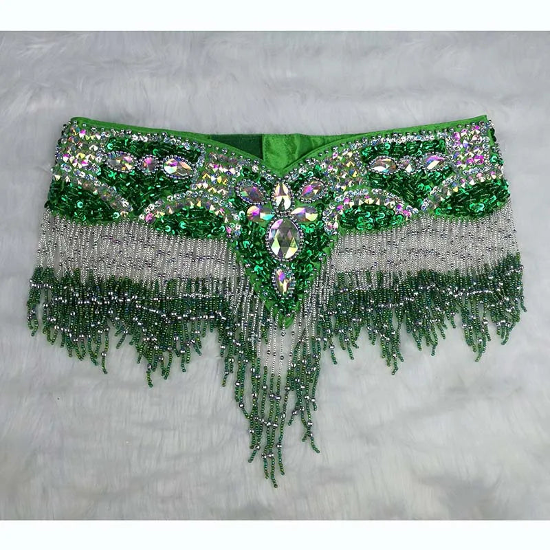 Belly Dance Hip Scarf, Women's Black & Silver Sequin Beaded Fringe Hip Belt, Tribal Dance Skirt