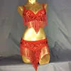 Belly Dance Bra and Belt Set, Women's Gold Sequin Beaded Fringe, Tribal Fusion Performance Costume