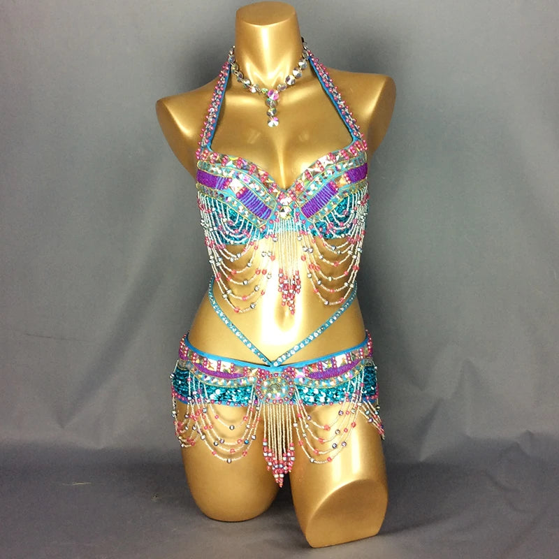 Belly Dance Costume Women's White Beaded Halter Bra and Belt Set with Iridescent Sequins and Dangling Chains