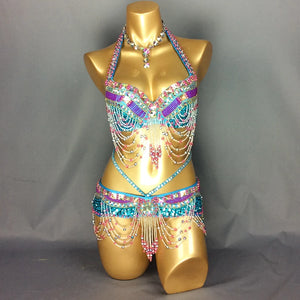 Belly Dance Costume Women's White Beaded Halter Bra and Belt Set with Iridescent Sequins and Dangling Chains