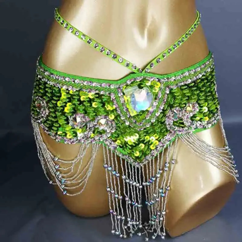 Belly Dance Hip Scarf, Women's Aqua Blue Sequin Beaded Tassel Belt, Professional Performance Costume