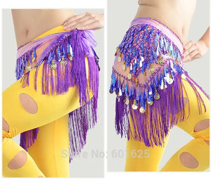 Belly Dance Hip Scarf, Women's Blue Tie-Dye Fringe & Sequin Coin Belt, Asymmetrical Tassel Skirt for Tribal Fusion & Practice