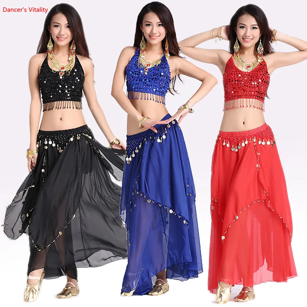 Women's Royal Blue Sequin Halter Belly Dance Costume Set with Coin Skirt