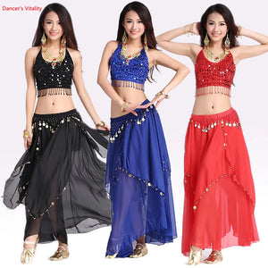 Women's Royal Blue Sequin Halter Belly Dance Costume Set with Coin Skirt
