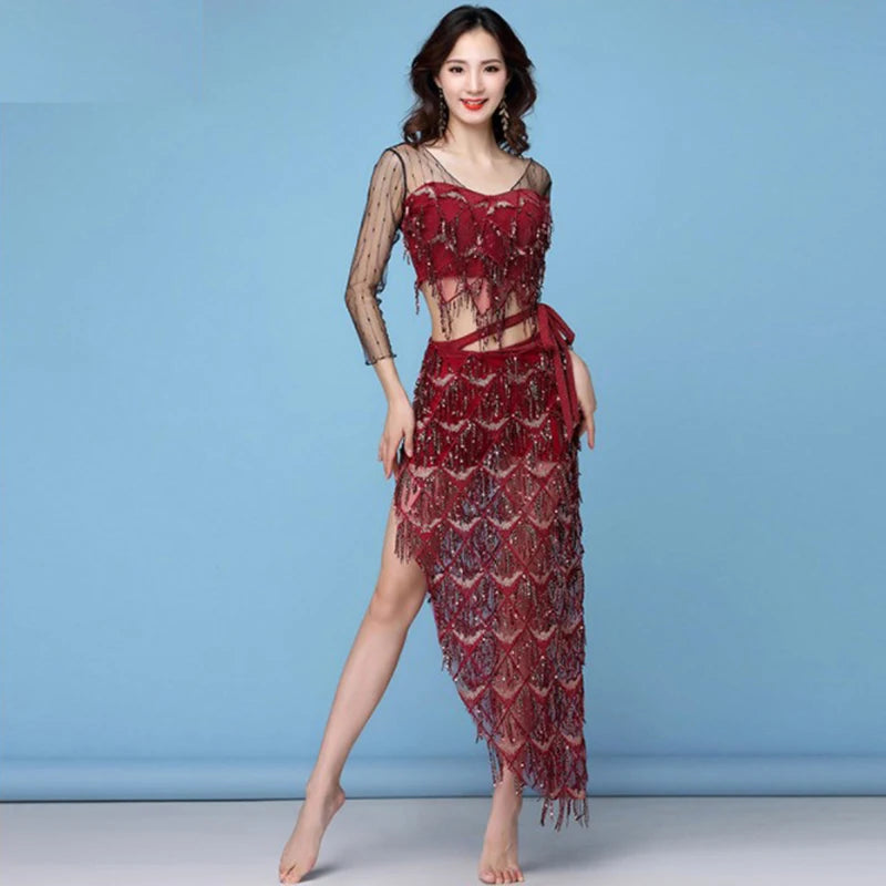 New belly Dance Costumes Outfits Belly Dancing Clothes Fashion Bellydance Performance Clothing Top&Skirt Dancer Trainning Wear HY1188 -2 piece/ set